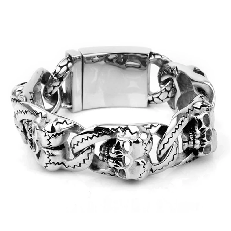 

316L Stainless Steel Charm Skull Bracelet For Men 20cm Punk Ghost Biker Double Skeleton Hand Chain Bracelets Gothic Jewelry 2020