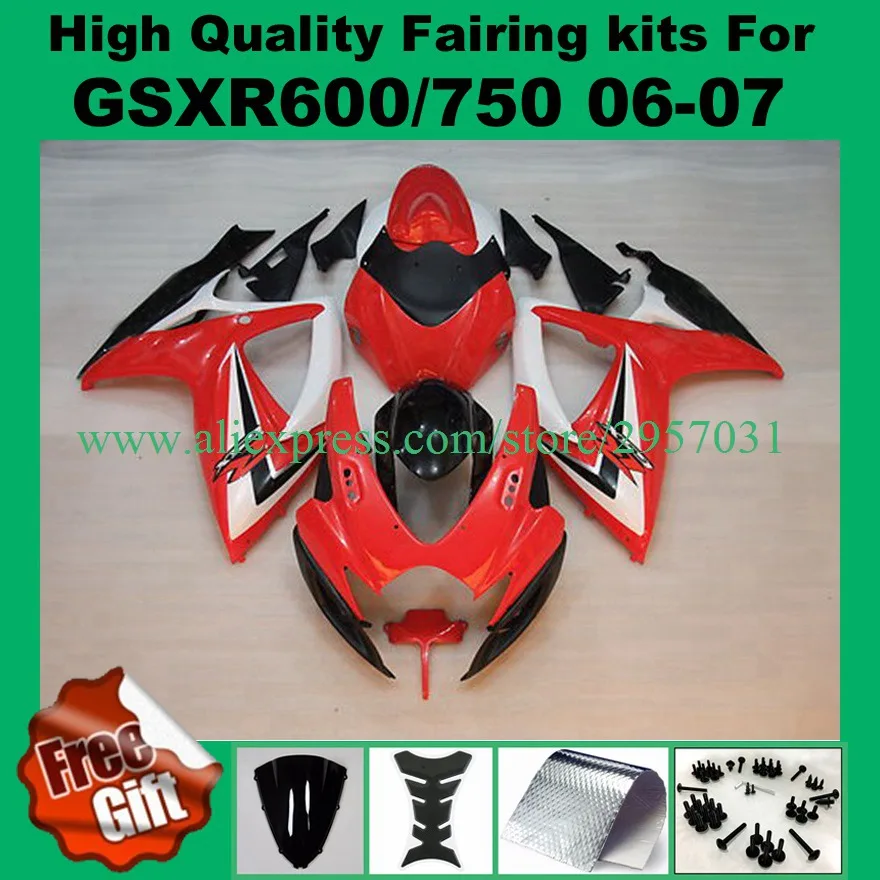 

9gifts, Fairing kits for GSXR600 GSXR750 06 07 SUZUKI GSX-R600 GSX-R750 2006 2007 Fairings K6 K7 06-07 red white black
