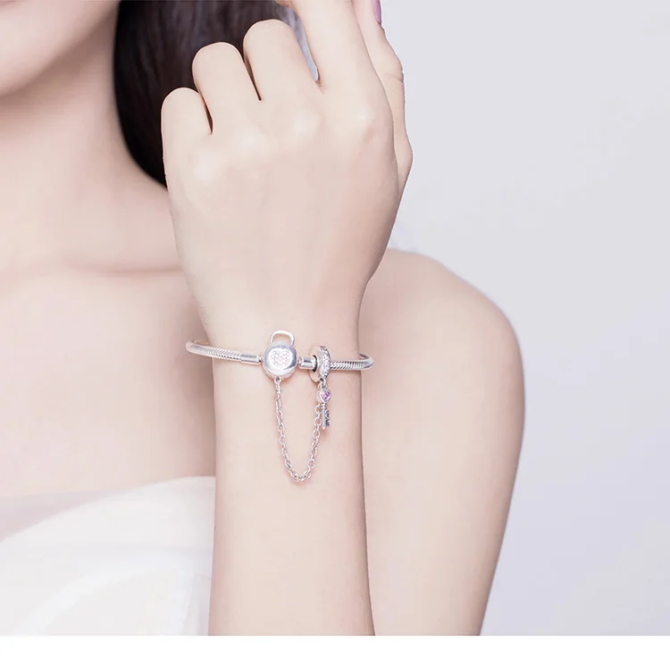 Geoki 925 стерлингового серебра микро Розовый CZ ключ и замок браслет fit Pandora Подвески оригинальные шарики на страховочной цепочке браслет, женская бижутерия