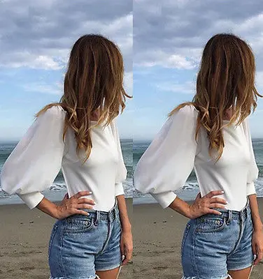 Пикантная женская черная шифоновая блузка с открытой спиной длинным рукавом