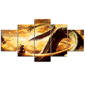Современные искусственные безрамочные 5 панелей, золотистый дракон, настенные наклейки для гостиной, Декор, фотообои