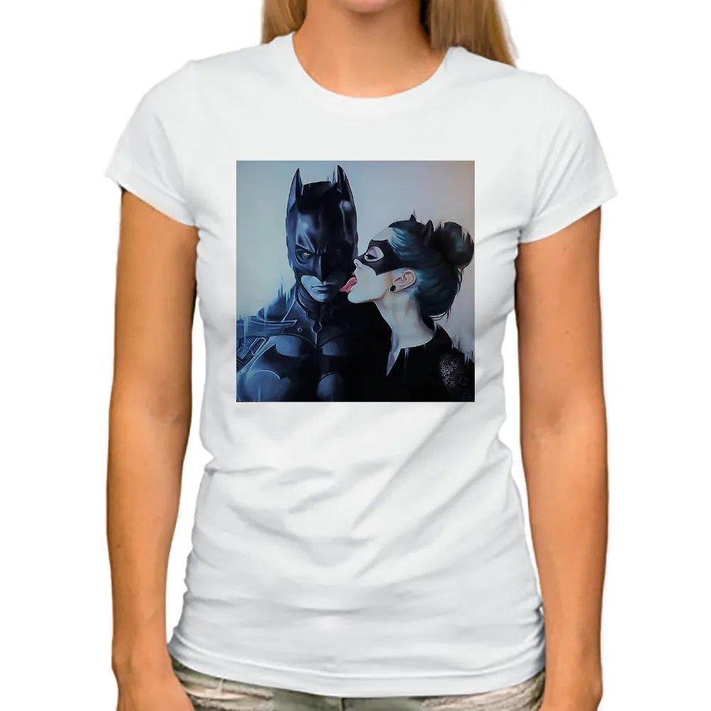 Женская забавная футболка catwomen lick kiss batman белая Повседневная с коротким рукавом