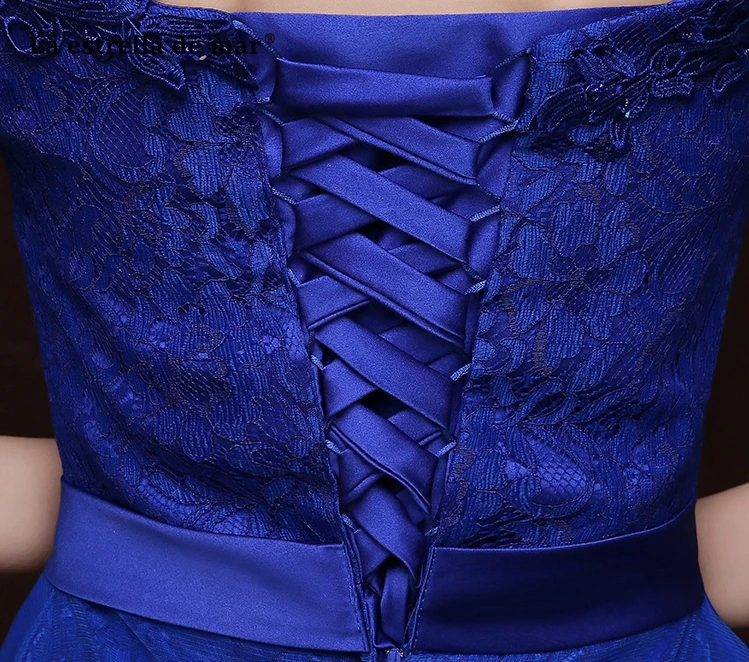 Ла звезда mar robe demoiselle d'honneur2019 кружевной вырез лодочкой короткий рукав трапециевидной формы королевский синий короткое платье подружки невесты Дешевые