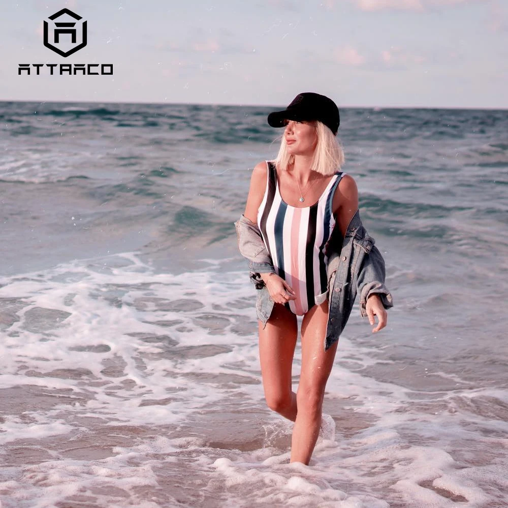 

Attraco Women Swimsuit One-Piece Striped Colorblock Backless Sexy Beach Wear Bathing Suit Bikini Monokini Swimwear