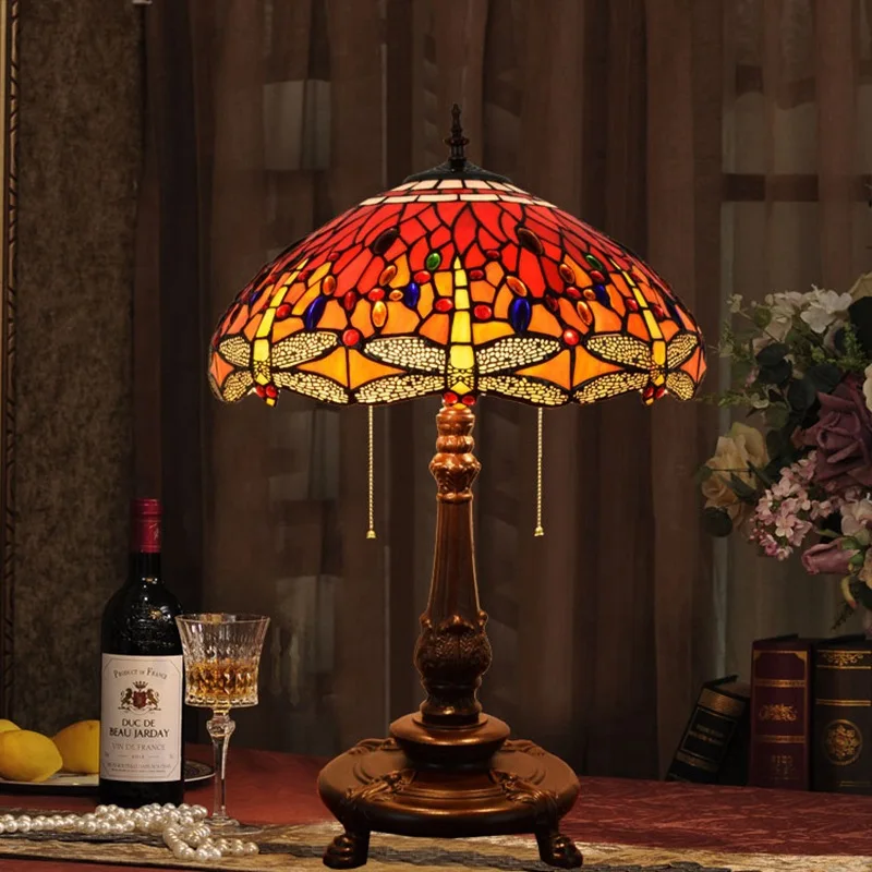 Европейский ретро Светильник Тиффани с красной стрекозой 45 см настольная лампа