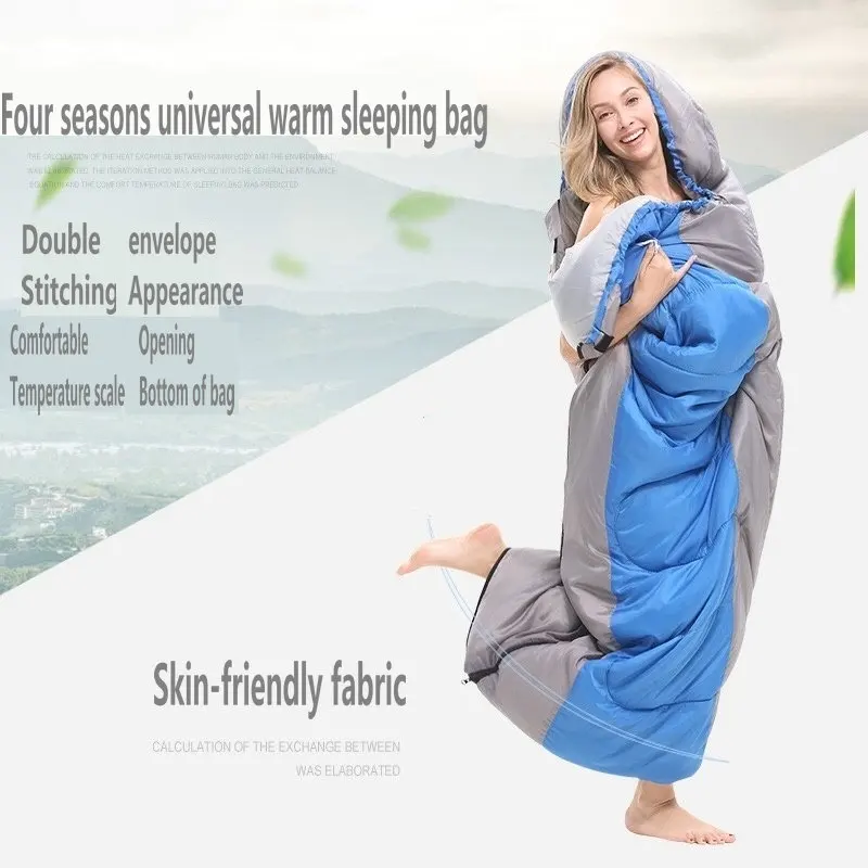 

Adult outdoor camping sleeping bag envelope type pattern with cap thick filling cotton light easy carry keep warm sleeping bag