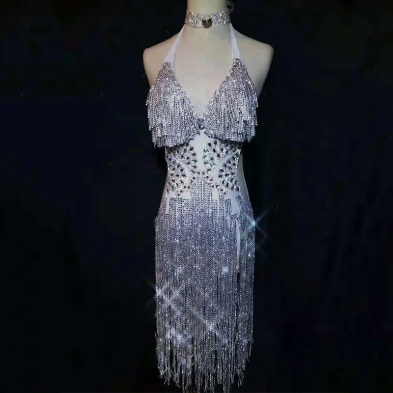 

White Crystals Bodysuit Sparkly Sexy Tassel Party Stage Wear Costume Women Evening Singer Stage Dance Outfit