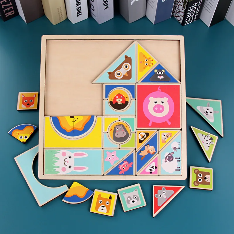 Животные Сделай Сам Деревянный Tangram 7 шт головоломки Красочные квадратные IQ игры