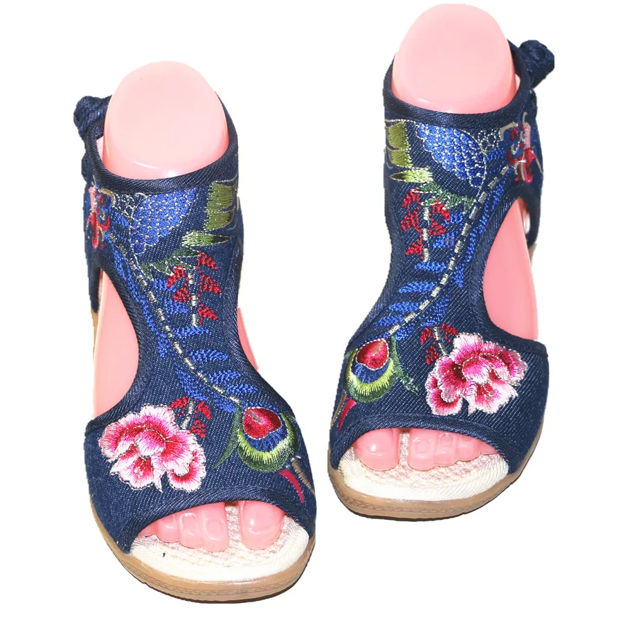 Женские Летние повседневные сандалии с цветочной вышивкой и открытым носком