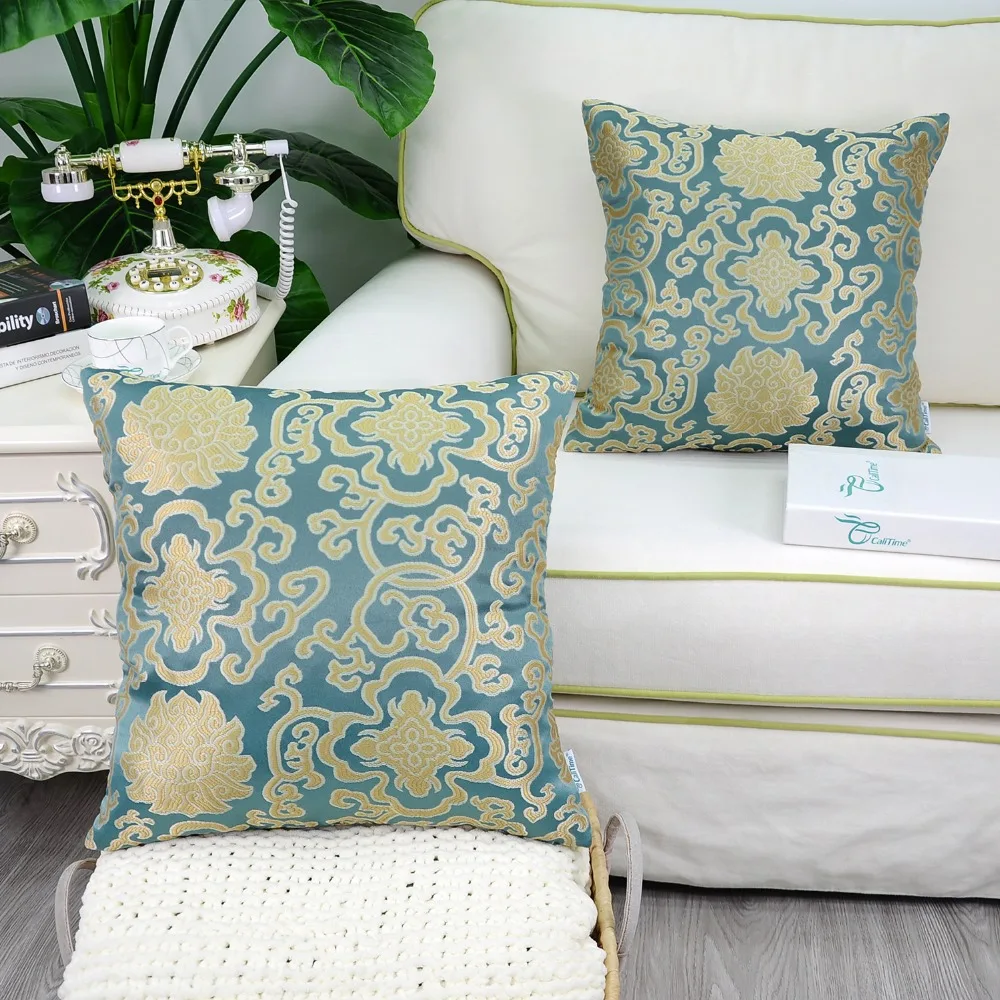2PCS Square CaliTime Soft Throw Pillow Covers Cases for Couch Damask Floral Chain 18&quot X Teal | Дом и сад