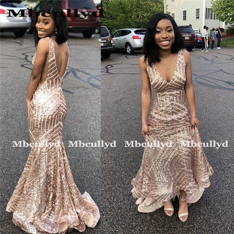 Mbcully Gold Sequins Mermaid Prom Dresses 2020 Sexy V-neck African Black Girls Graduation Party Gowns Long robe de soiree | Свадьбы и