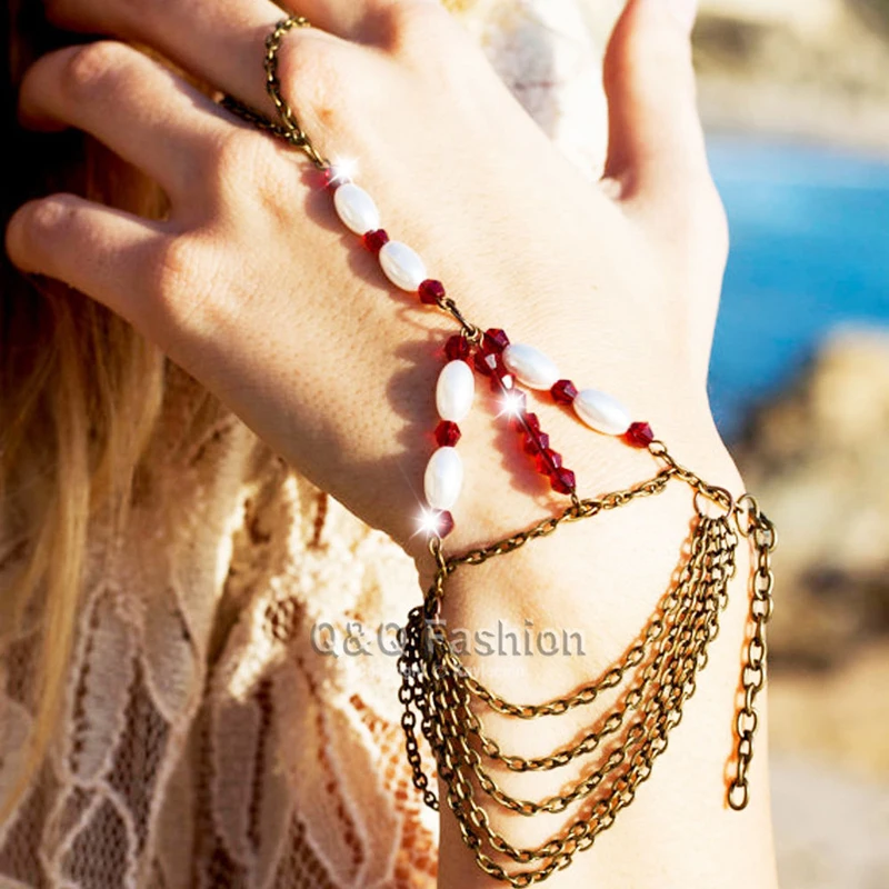 

Gypsy Boho Retro Gold Pearl Bracelet Chain Hand Harness Belly Dancer Jewelry New