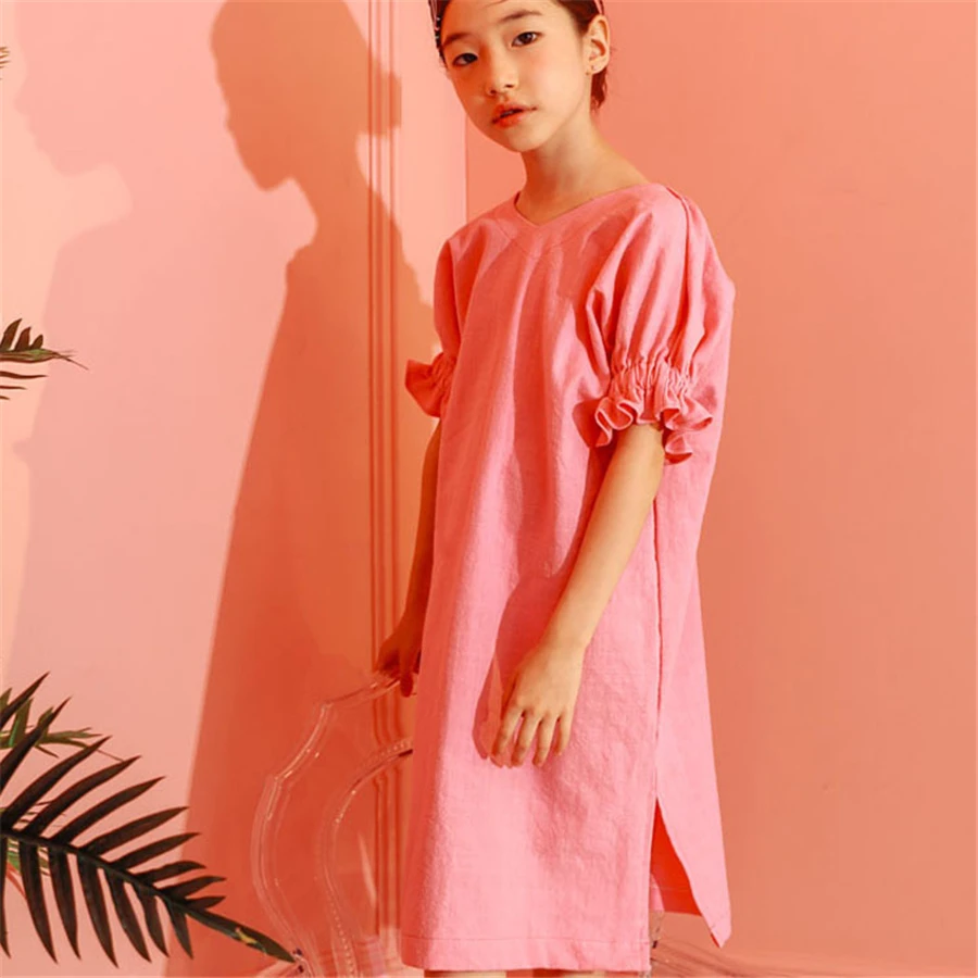 

summer girls dress blue pink solid short sleeve size 4 to 14T toddler teenagers summer clothes kids dresses for girls