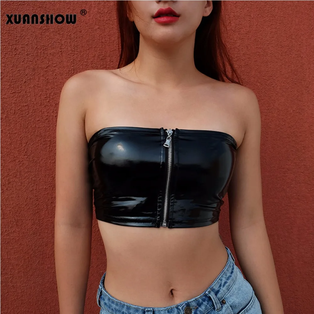 XUANSHOW Summer Tops for Women 2018 Streetwear Black PU Leather Zipper Strapless Crop Stretch Wrap Tank Top Tee Cropped Feminino | Женская