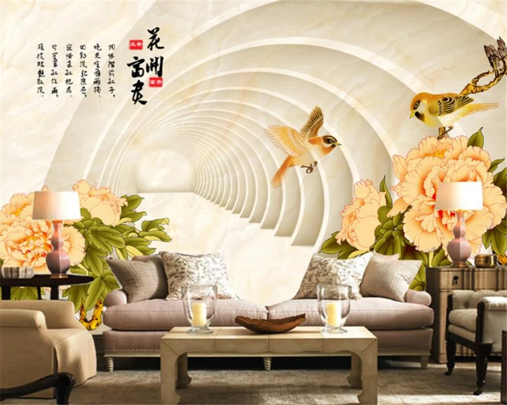 

beibehang Custom wallpaper murals Marble blossom wealthy peony flower bird 3d space TV background wall 3d wallpaper papier peint