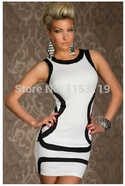 New fashion 2014 White and black red Panel sexy dress Midi Dress with Cut-out dresses free Shipping | Женская одежда