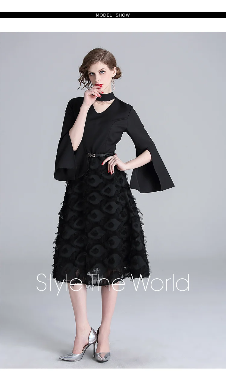 Женское кружевное платье с перьями черное в стиле пэчворк Корейском на лето 2019 |