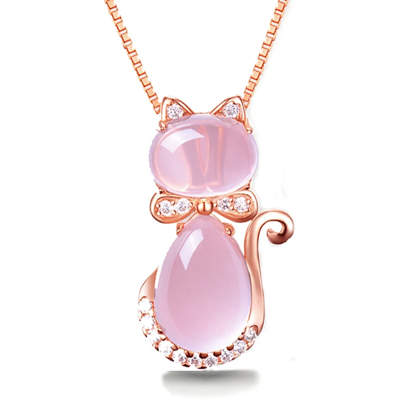 Ociki Rose Gold Color CZ Crystal Ross Quartz Pink Opal Necklace Earrings and Ring Jewelry Set for Cute Cat Women Girls | Украшения и