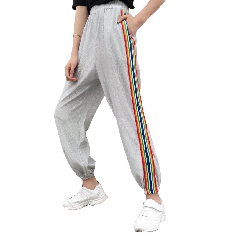 Женские брюки 2019 летняя одежда женские корейский стиль Ulzzang Harajuku радужные