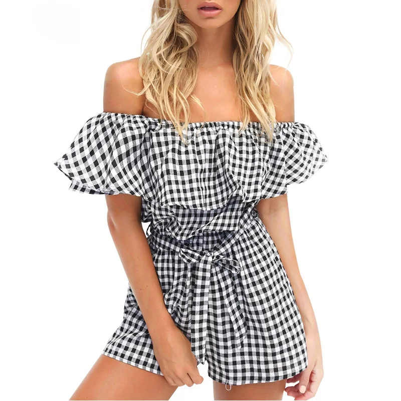 

YOUNG VIVA Women Beach Jumpsuits Off Shoulder Backless Loose Lattice Stripe Jumpsuit l146