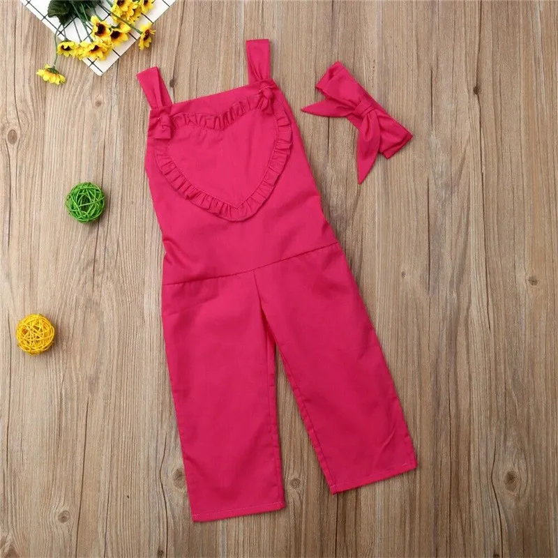 

2019 New Newborn Baby Girls Clothes Ruffles 2PCS Sleeveless Heart Pattern Romper Bodysuit Jumpsuit Outfit Bowknot Headband 0-5T