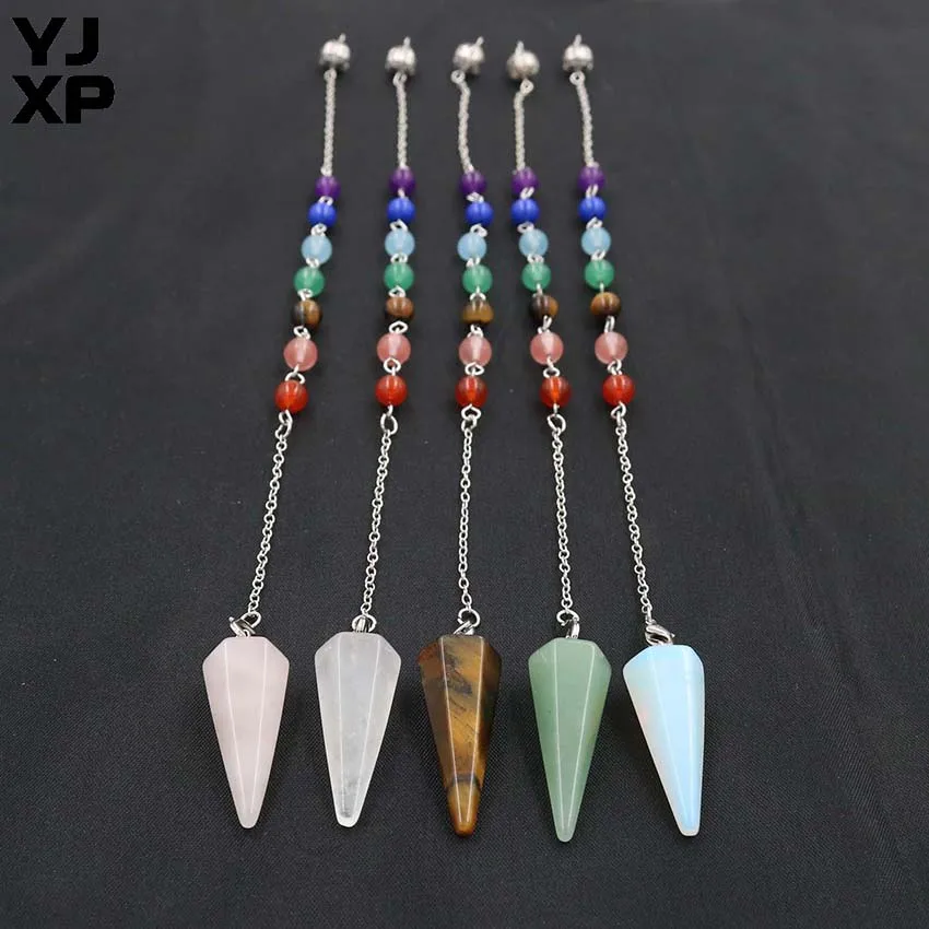 

YJXP Wholesale 10pcs/lot 30x12mm Cone Pendants Reiki Healing Natural Stones Crystal 7 Chakra Hexagon Pyramid Pendulum Pendant