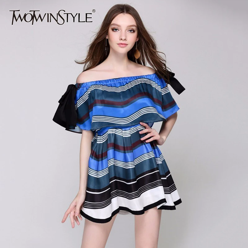 TWOTWINSTYLE платье с открытыми плечами для женщин принтом на шнуровке бантом туника