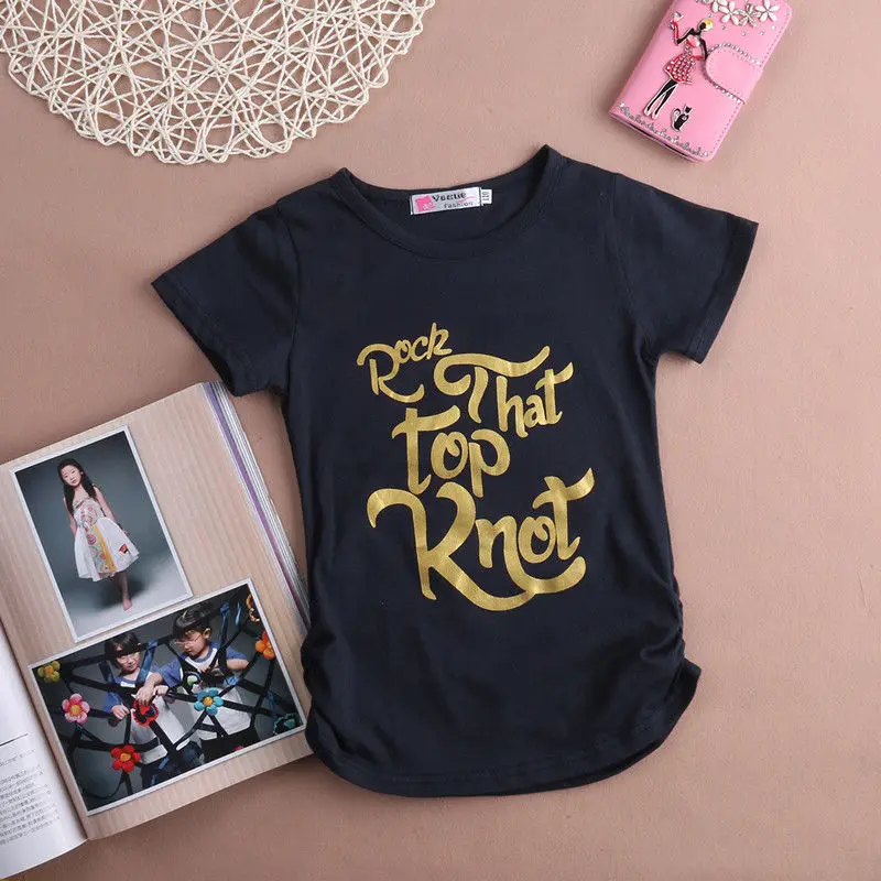 Новинка 2017 года летняя детская футболка с золотыми буквами для маленьких девочек
