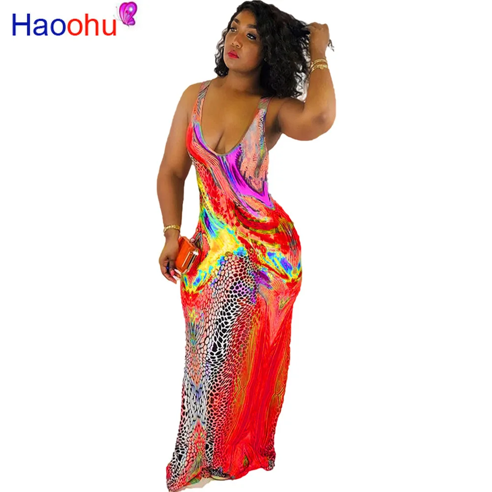 

HAOOHU Women Summer Sexy V Neck Printed Leopard Sleeveless Maxi Dress Female Casual Plus Size S-3XL Colorful Bodycon Dress