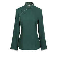Рубашка женская однотонная темно зеленая на пуговицах с длинным