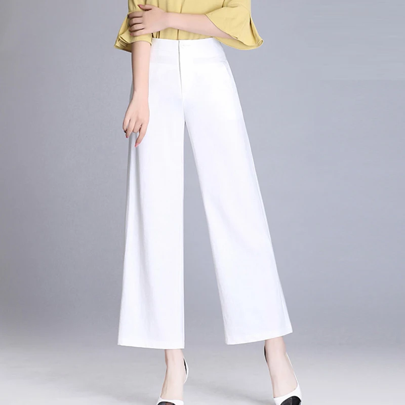 

Summer Spring Casual Womens Female High Waisted Black White Green Wide Leg Ankle Length Linen Pants , Woman Orange Blue Trousers