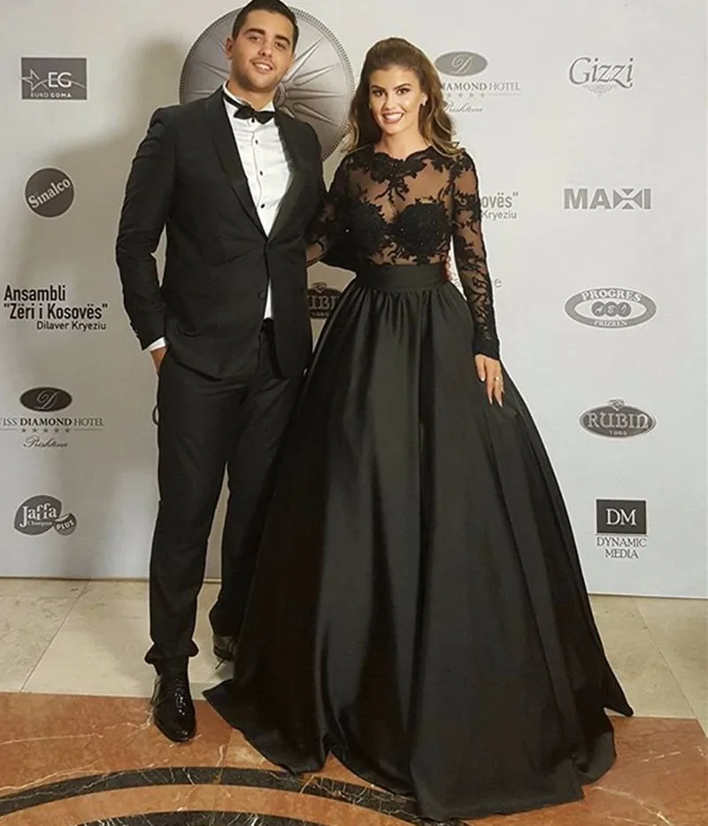 Вечернее платье с длинными рукавами кружевное вышивкой а-силуэт Vestido de Festa Longo на