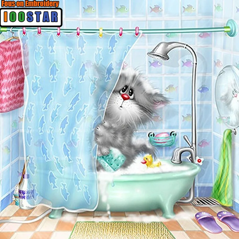 

2018 New Arrived Diamond Painting Animals Cartoon Cat A Bath Cross Stitch Square Diamond Embroidery Sets Home Decoration
