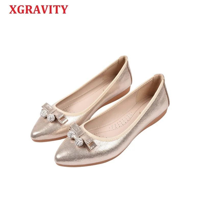 

XGRAVITY Pearl Design Flats Ballet Bow-tie Flat Butterfly Knot Women Designed Girl Flower Pointed Toe Golden Shoes Loafers A137