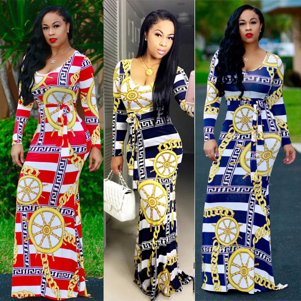 Весна/Лето 2019 новый стиль модный цифровой принт платье с длинными рукавами и