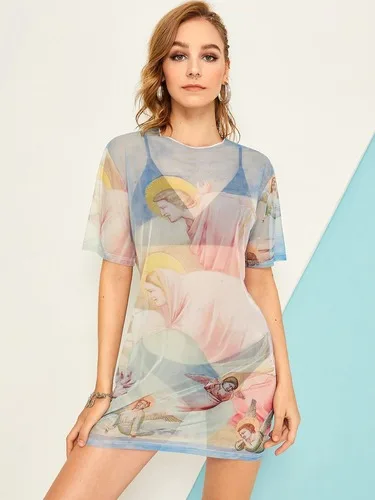 Женское Сетчатое платье с коротким рукавом винтажное принтом ангела 2019 | Женская