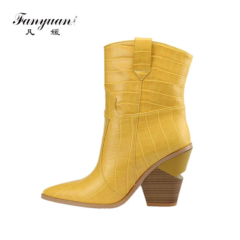 

Fanyuan brand black Ins style large size 46 chunky heels Retro mid-calf boots chic woman shoes western boots women's Shoes