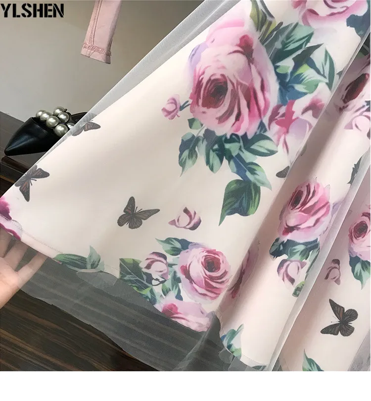 

Plus Size 2 Two Piece Set Women Irregular T Shirt+Mesh Skirts Suits Bowknot Tops Vintage Floral Skirt Sets for Elegant Woman