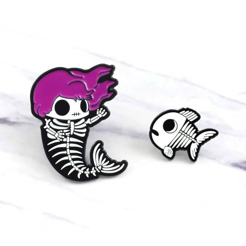 Halloween Skeleton Series Brooch Black Gown Ghost Skull Axe Fish Mermaid Bone Skull Coffin Enamel Pins