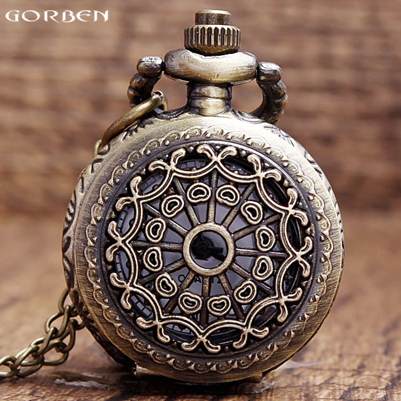

Bronze quartz pocket watch vintage hollow pendant sculpture mens watches hot selling mini small size light watches with chain