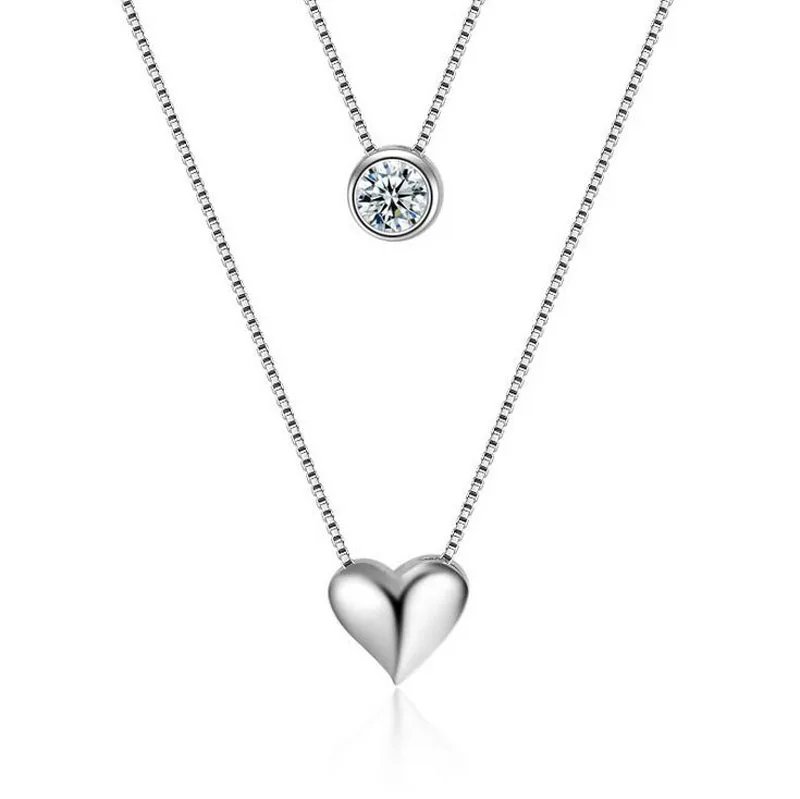 

Fashion 925 Silver Double Layer Round Zircon Lovely Heart Pendant Necklace For Girls Women Short Clavicle Necklace Gift Jewelry