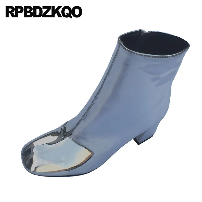 Осень Лакированная кожа серебро 2021 для женщин квадратный носок теплые женские