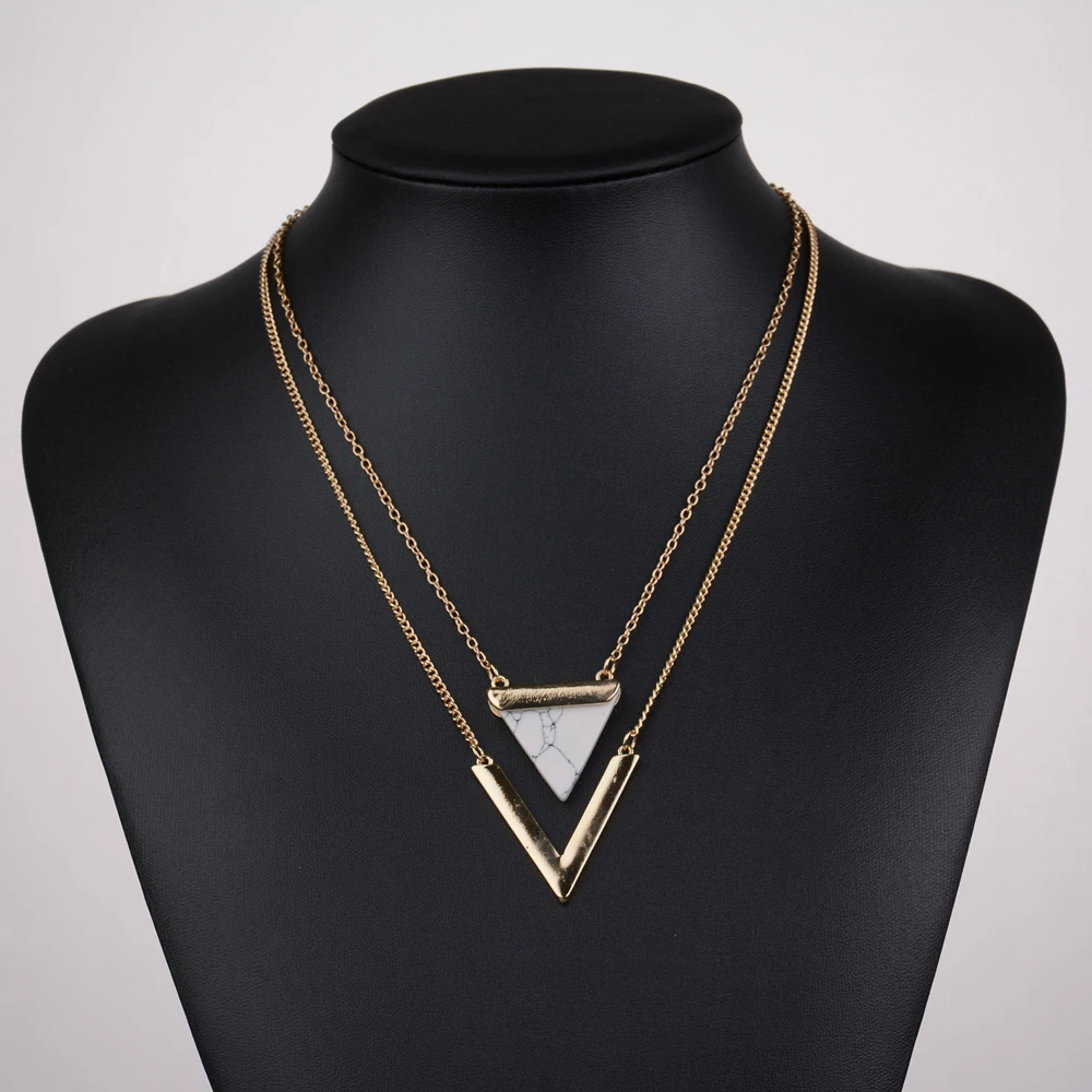 V Letter Shape Triangle Stone Double Layered Geometric Pair Pendant Necklaces Friendship Statement Necklace For Women Jewelry |