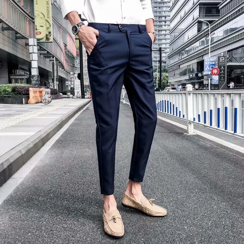 Trousers Navy Драпировка девять очков костюм брюки мужские тонкие ноги летняя Молодежная Корейская версия тренда бизнес горячая 9 очков повседневные брюки - Цвет: Trousers Navy