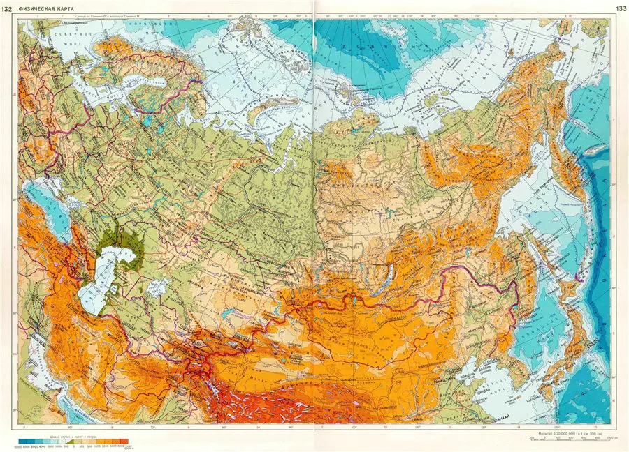 Детальная физическая карта России географический рисунок изысканный дизайн для