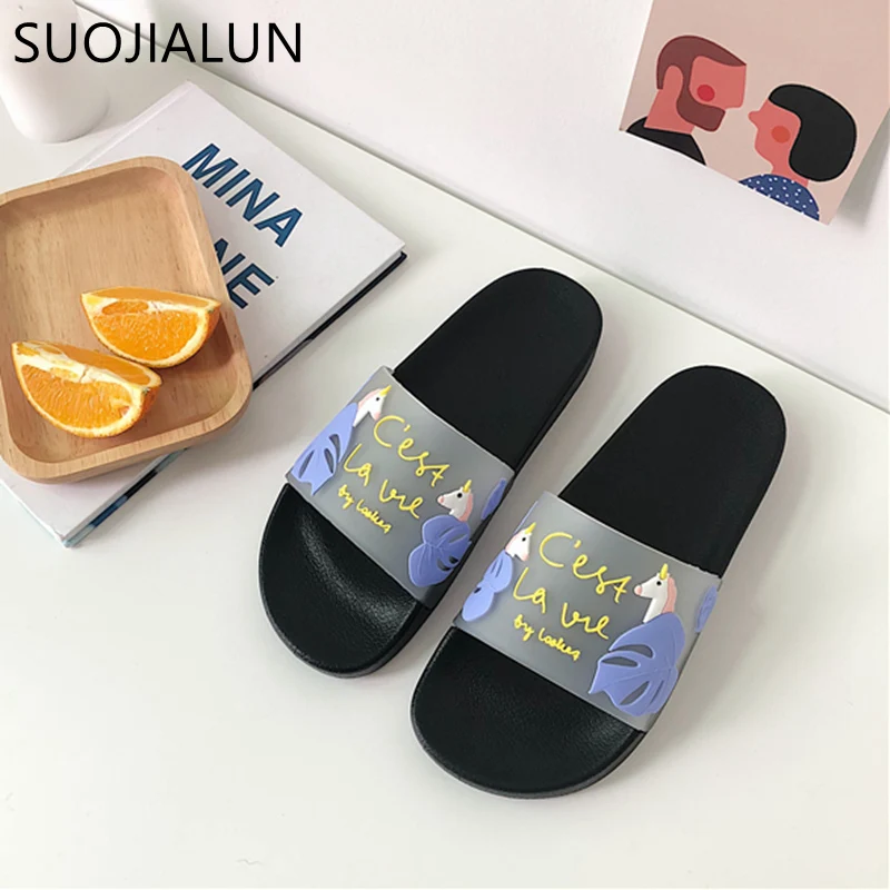 SUOJIALUN/ г., летние женские пляжные шлёпанцы, тапочки пляжная обувь на плоской подошве милые забавные домашние шлепанцы Zapatillas Mujer