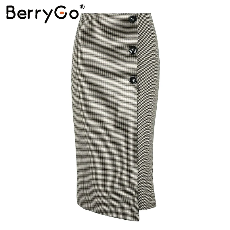 BerryGo элегантная клетчатая Асимметричная Женская юбка с разрезом Хаундстут миди