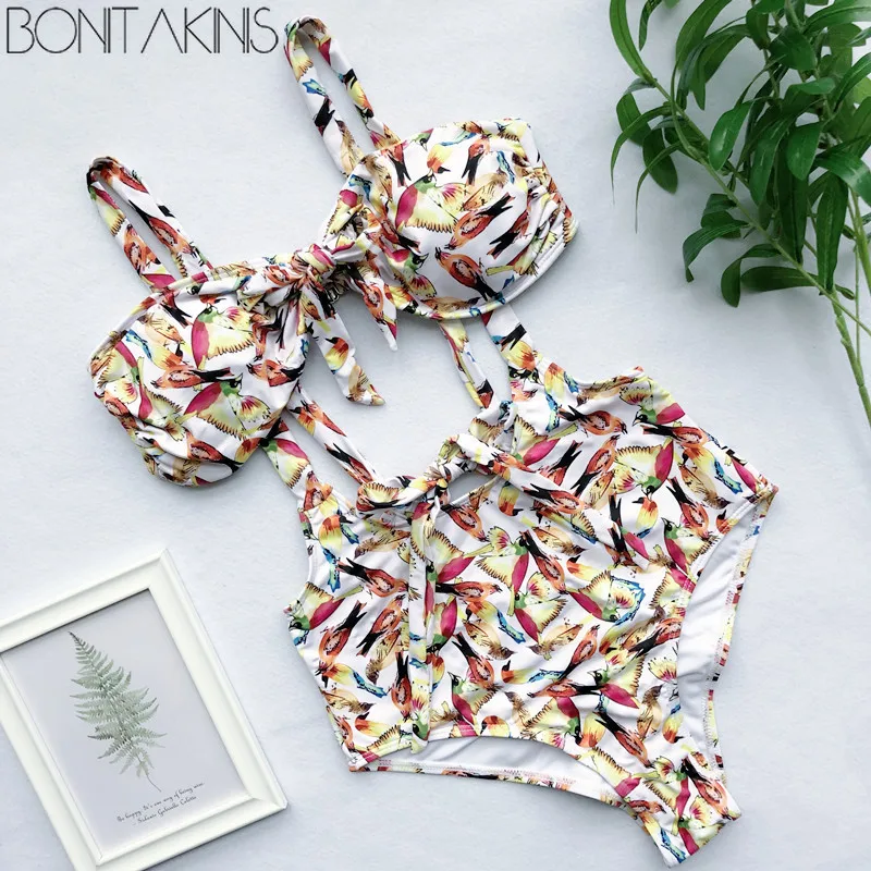 Bonitakinis с фруктовым принтом 2019 бандажные бикини обёрточная грудь купальный костюм