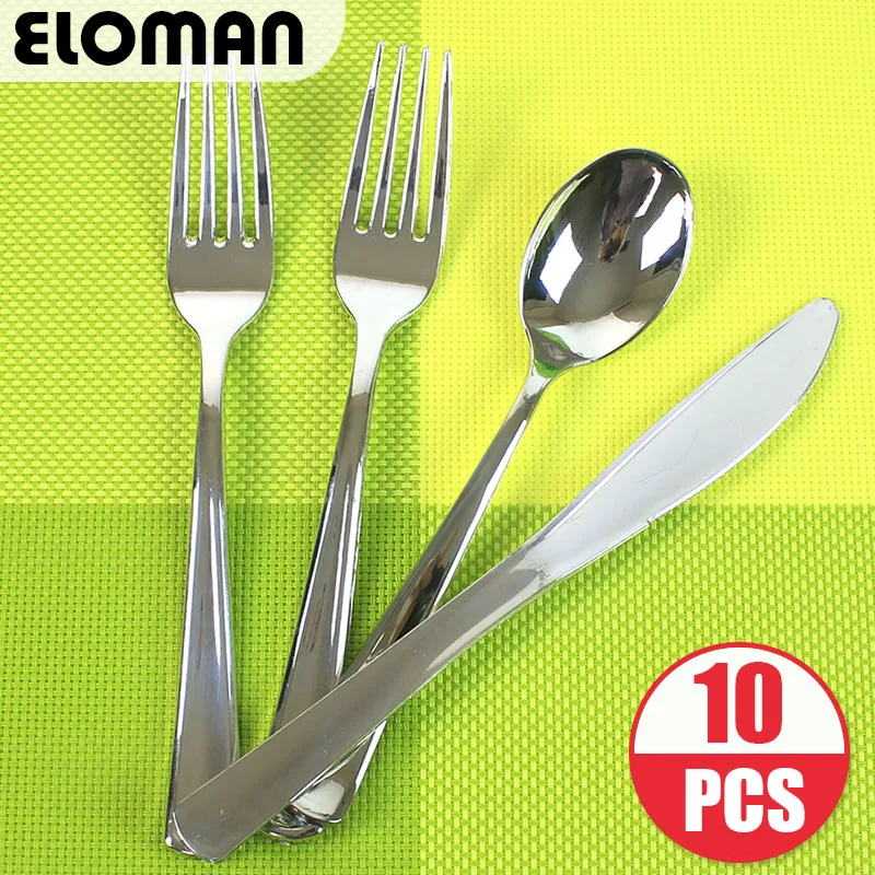 ELOMAN 10 шт тяжеловесные Серебристые свадебные одноразовые пластиковые столовые приборы, для детских дней рождения BBQs пластиковые вилки ложки нож