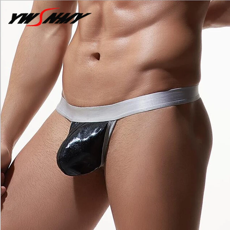 

Mens G-string Sexy Faux Leather Gay Underwear Low Waist U Convex Penis Pouch Thongs Hollow T back Underpants Gay Cuecas Shorts